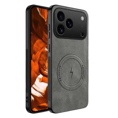 Per iPhone 17 Pro Max Custodia Compatibile con MagSafe Texture Nappa Pelle PU Copertura Posteriore del Telefono TPU - Grigio
