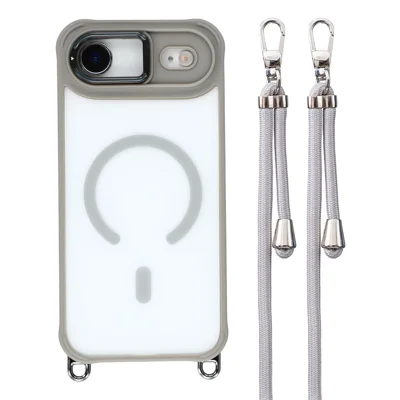 Étui Air pour iPhone Compatible avec MagSafe Coque de Téléphone en PC TPU avec Dragonne Réglable / Cadre d'Appareil Photo avec Support - Gris