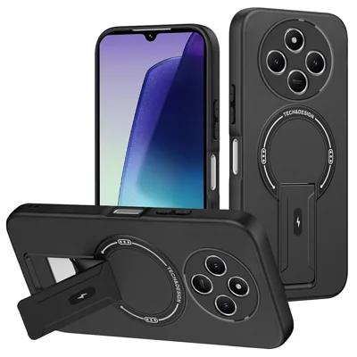 Skin Touch Kickstand Case for Xiaomi Poco C75 4G / Redmi 14R 5G / Redmi 14C 4G PC + TPU Phone Cover Support Magnetic Car Mount - Black