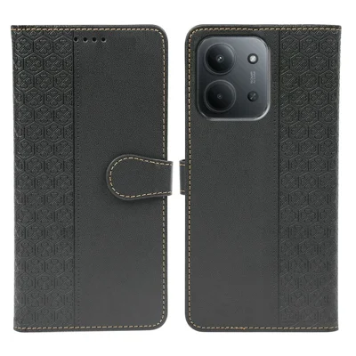 Leather Case For Xiaomi Redmi 15C 5G (EU) (173mm)  /  4G (EU) (173mm)  /  Poco C85 4G (173mm) Magnetic Clasp Four Leaf Clover Phone Cover - Black