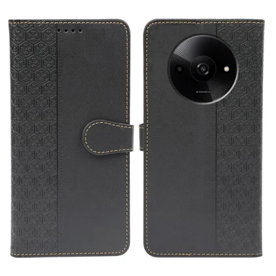 Leather Case For Xiaomi Redmi A3 4G  /  A3x 4G  /  Poco C61 4G Magnetic Clasp Four Leaf Clover Phone Cover - Black
