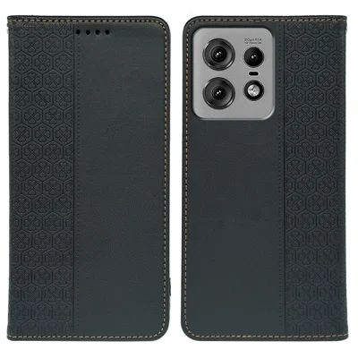 For Motorola Edge 50 Pro 5G Case Four Leaf Clover Leather Flip Phone Cover Stand Wallet - Black