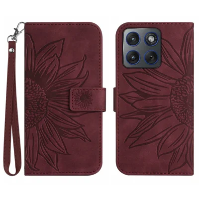 Capa de Couro com Carteira para Motorola Edge 70 5G com Estampa de Girassol e Alça de Pulso - Vermelho Vinho
