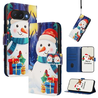 Portemonnee hoesje voor Google Pixel 10a met kerstpatroon en leren telefoonhoes met koord - Geschenkdoos Sneeuwman