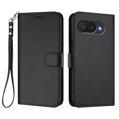 For Google Pixel 10a Leather Case Wallet Stand Phone Cover with Wrist Strap - Black