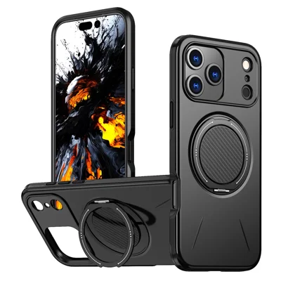 Compra em Massa para Capa de iPhone 17 Pro Max Compatível com MagSafe Suporte Rotativo Kickstand TPU + PC Anti-queda Capa de Telefone - Preto