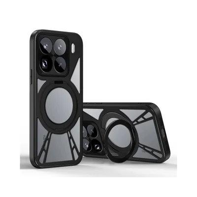 For Xiaomi 15T Pro Case Magnetic Kickstand Hollow Heat Dissipation Silicone + PC + Metal Bumper Phone Cover - Black