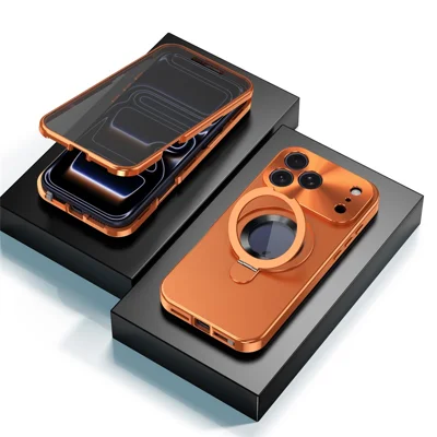 iPhone 17 Pro Max Magnetische Hülle PC + Metall-Ständer Handyhülle mit Anti-Spion Gehärtetem Glas Film - Orange