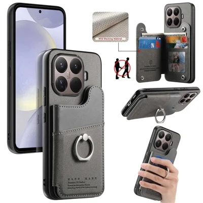 Xiaomi 15T Pro hoesje met kaarthouder, standaard en lederen afwerking + TPU + PC telefoonhoes - Grijs