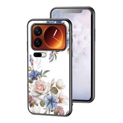 Phone Case For Xiaomi 17 Pro Floral Pattern TPU + Tempered Glass Protective Cover - White Flower Bush