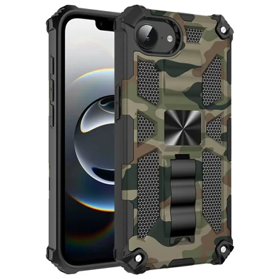 For iPhone 17e / 16e Case Kickstand PC+TPU Camouflage Military Grade Phone Cover - Army Green