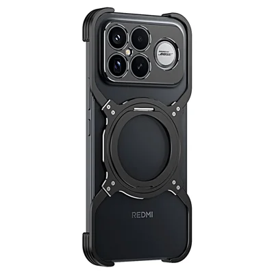 Voor Xiaomi Redmi K90 Pro Max 5G / Poco F8 Ultra hoesje met standaard metalen bumpers magnetische telefoonhoes - Zwart / Zilver