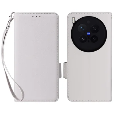 Funda para vivo X300 Pro 5G Textura de Litchi Cubierta de Teléfono de Cuero con Correa para la Muñeca - Blanco