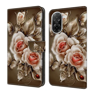 For Xiaomi Redmi A5 4G (171.7mm)  /  Poco C71 4G Case Wallet Stand Pattern Printing PU Leather Flip Phone Cover - Brown Rose