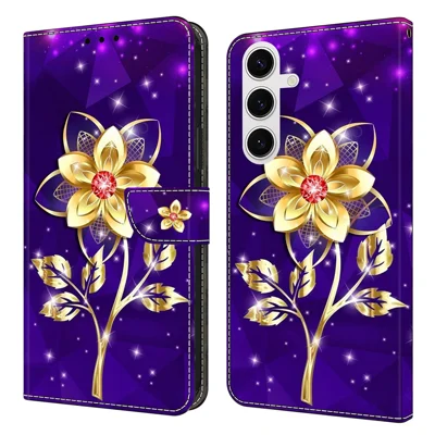 Custodia a portafoglio Samsung Galaxy S26+ con stampa a motivi, in pelle PU, con funzione stand - Fiori dorati su viola