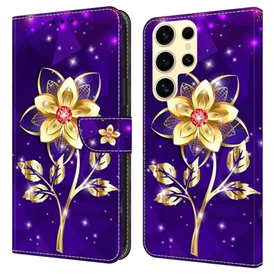 For Samsung Galaxy S26 Ultra Wallet Case Pattern Printing PU Leather Flip Stand Phone Cover - Golden Flowers on Purple