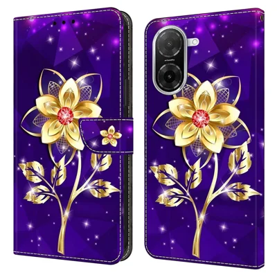 For Xiaomi Redmi A5 4G (171.7mm)  /  Poco C71 4G Wallet Case Pattern Printing PU Leather Flip Stand Phone Cover - Golden Flowers on Purple