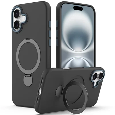 For iPhone 16 Plus Case Compatible with MagSafe Rotating Ring Kickstand TPU + PC Phone Back Cover - Black
