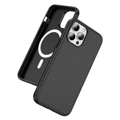 Étui de protection pour iPhone 13 Pro Max à texture en fibre de carbone PC + TPU avec compatibilité MagSafe - Noir + Noir
