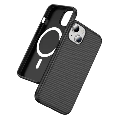 For iPhone 15 Plus / 14 Plus Skin-touch Case Carbon Fiber Texture PC + TPU Back Cover Compatible with MagSafe - Black+Black