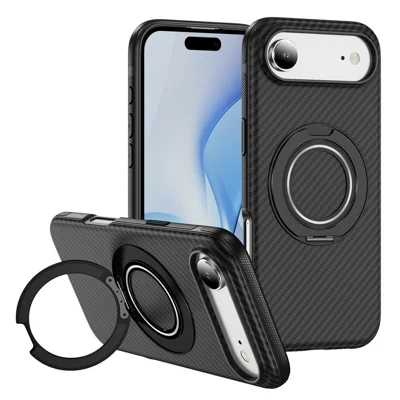 iPhone Air Case kompatibel mit MagSafe, Kohlefaser-Textur PC + TPU-Rückseite mit Ring-Ständer - Schwarz+Schwarz