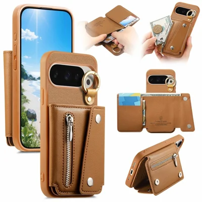 Wallet Kickstand Case for Google Pixel 10 Pro / 10 / 9 Pro / 9 D-Ring Holder Leather + PC + TPU Phone Cover - Brown