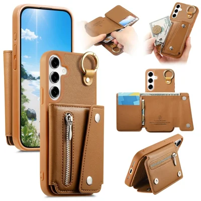 For Samsung Galaxy A55 5G Case D-Ring Holder Leather + PC + TPU Phone Cover with Wallet Kickstand - Brown