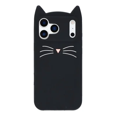 For iPhone 17 Pro Silicone Case 3D Moustache Cat Protective Phone Cover - Black