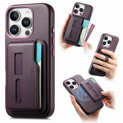 Funda para iPhone 16 Pro compatible con MagSafe, bolsa desmontable para tarjetas con correa de anillo para el dedo, cubierta de teléfono de cuero PU recubierto de TPU - Púrpura