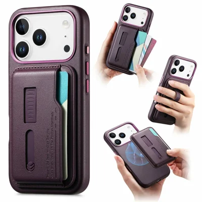 Til iPhone 17 Pro Max Case kompatibel med MagSafe, aftagelig kortlomme med fingerstrop af PU-læderbelagt TPU telefondækkel - Lilla