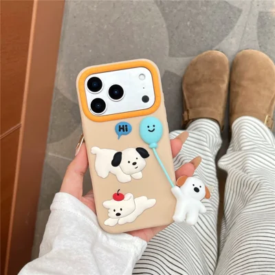 Capa de Silicone para iPhone 17 Pro, Design de Cachorro de Balão Fofo, Capa Protetora de Celular à Prova de Choque