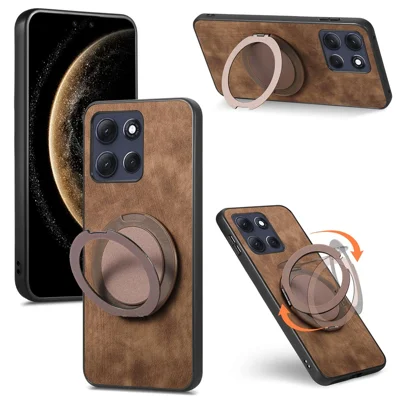 For Motorola Moto G86 5G Phone Case with Rotating Kickstand Stress Relief Retro Leather Back Cover - Brown