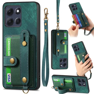 For Motorola Moto G86 5G Case Retro PU Leather Back Phone Cover with Card Holder  /  Wristband Kickstand - Green