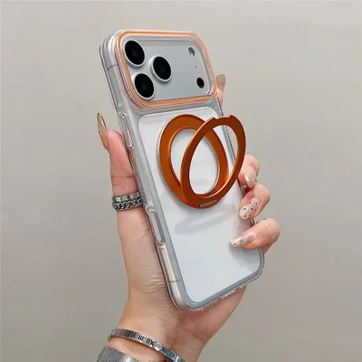 Capa para iPhone 17 Pro Compatível com MagSafe Suporte Giratório Capa de Telefone Transparente TPU - Laranja