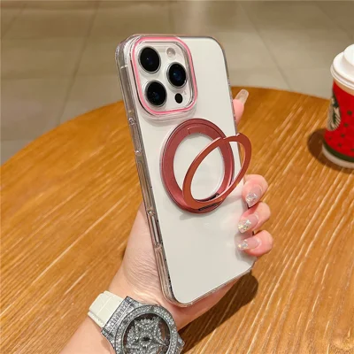 Funda para iPhone 16 Pro compatible con MagSafe con soporte giratorio Cubierta de teléfono de TPU transparente - Rosa