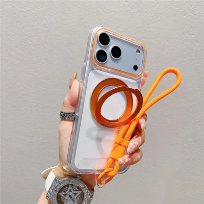 Voor iPhone 17 Pro Max Hoesje Compatibel met MagSafe Draaibare Standaard Transparante TPU Telefoonhoes met Polsbandje - Oranje