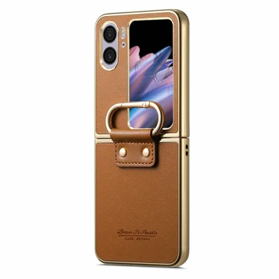 For Oppo Find N2 Flip 5G Case Electroplating Leather Coated PC Phone Cover with Spring Ring Buckle Kickstand - Brown
