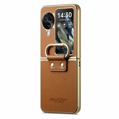 Funda para Oppo Find N3 Flip 5G, revestimiento de piel con electrochapado, cubierta de teléfono de PC con hebilla de anillo de resorte y soporte - Marrón