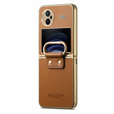 For vivo X Flip Case Electroplating Leather Coated PC Phone Cover with Spring Ring Buckle Kickstand - Brown
