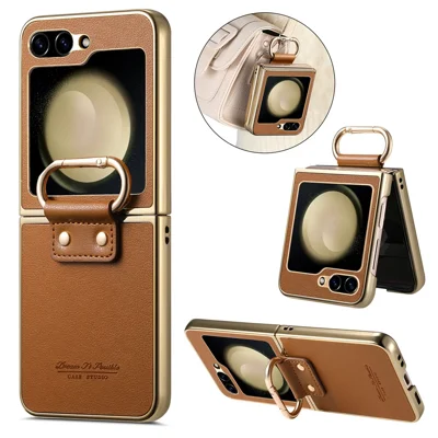 For Samsung Galaxy Z Flip6 5G Case Electroplating Leather Coated PC Phone Cover with Spring Ring Buckle Kickstand - Brown