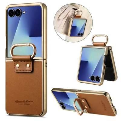 For Samsung Galaxy Z Flip7 5G Case Electroplating Leather Coated PC Phone Cover with Spring Ring Buckle Kickstand - Brown