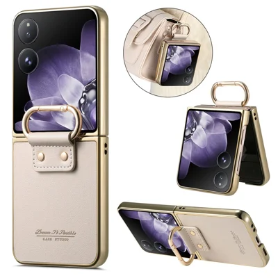 For Xiaomi Mix Flip 5G Case Electroplating Leather Coated PC Phone Cover with Spring Ring Buckle Kickstand - White