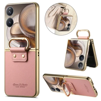 For Xiaomi Mix Flip 2 Case Electroplating Leather Coated PC Phone Cover with Spring Ring Buckle Kickstand - Pink