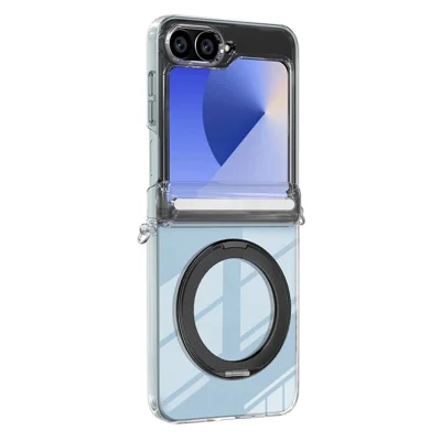 For Samsung Galaxy Z Flip5 5G Kickstand Crystal Magnetic Case TPU PC Phone Cover Magnetic Hinge Protection - Black