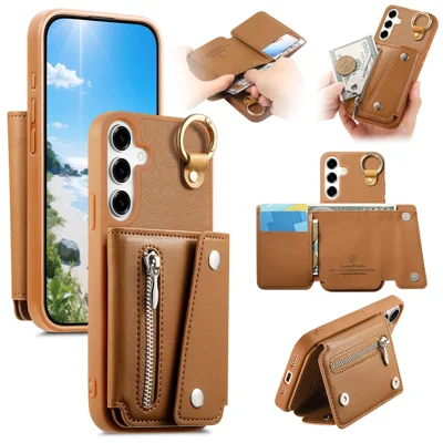 For Samsung Galaxy A16 5G  /  A16 4G Case D-Ring Holder Leather + PC + TPU Phone Cover with Wallet Kickstand - Brown