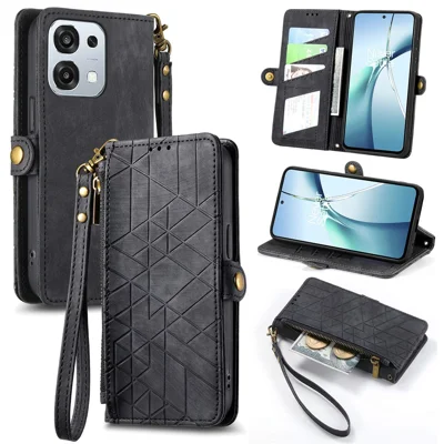 For Oppo A6 Pro 5G  /  F31 5G Case Zipper Wallet Geometry Lines Leather Phone Cover with Strap - Black