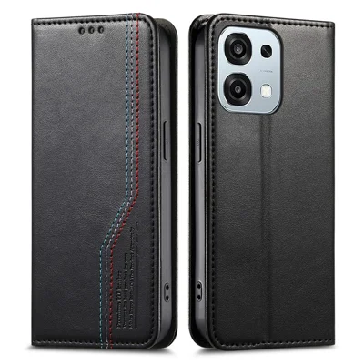 For Oppo A6 Pro 5G  /  F31 5G Case Wallet Tri-Color Stitching Leather Phone Cover with Elastic Wristband - Black