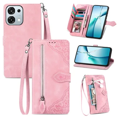 For Oppo A6 Pro 5G  /  F31 5G Zipper Wallet Case with Strap Flower Imprint PU Leather Phone Cover - Pink