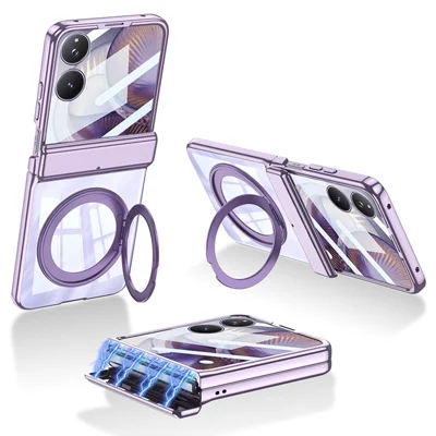 GKK For Xiaomi Mix Flip 2 Magnetic Case Ring Kickstand Electroplating Clear PC Phone Cover with Rear Screen Film - Purple