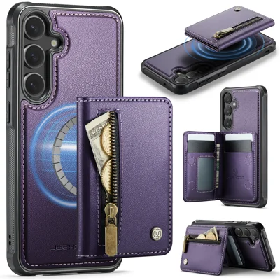 JEEHOOD For Samsung Galaxy S23 FE Case  J12 Magnetic Detachable Zipper Wallet Kickstand Leather Back Cover Magnetic Case - Purple